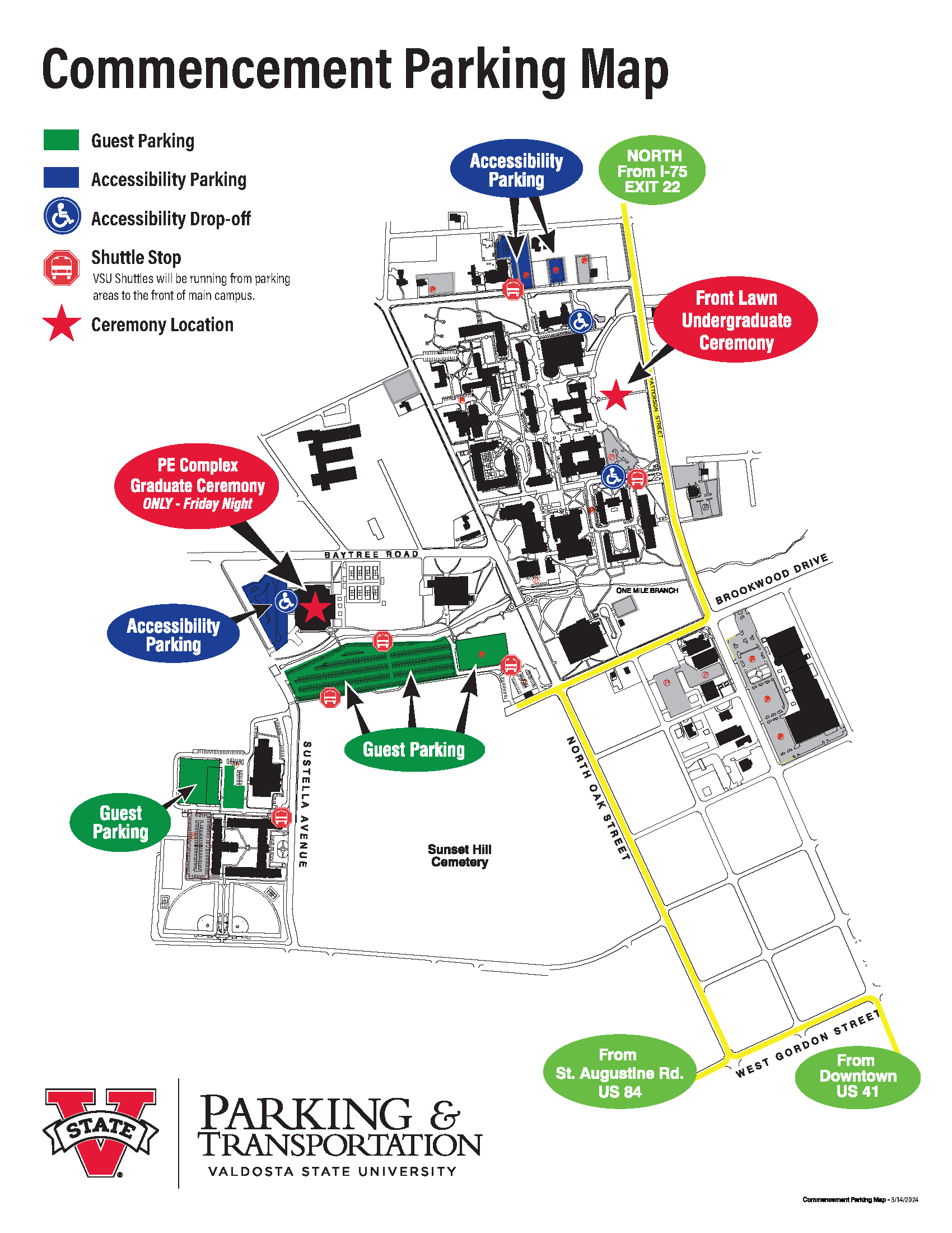 Spring 2024 Commencement Parking and Transportation Map